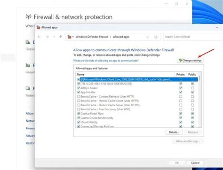 Click on the *Allow an app or feature through windows firewall* in the left sidebar