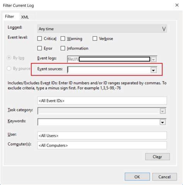 Event sources filter unavailable