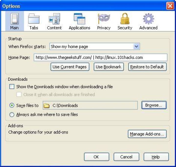 Firefox Options Page