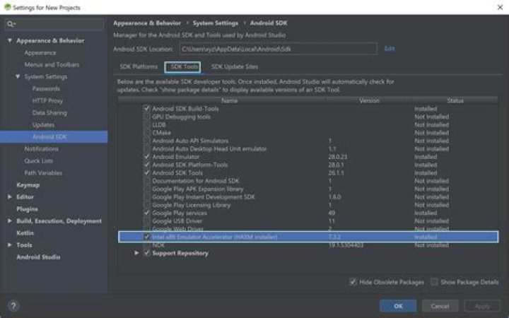 Intel HAXM in SDK Tools