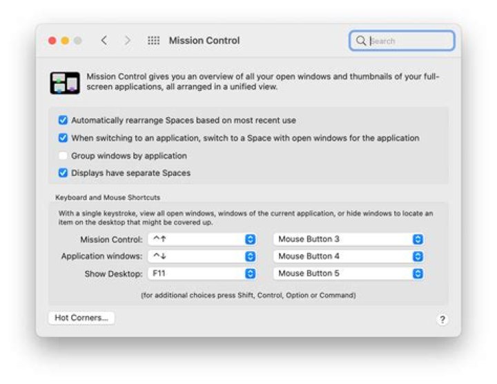 Mission Control, Keyboard and Mouse Shortcuts