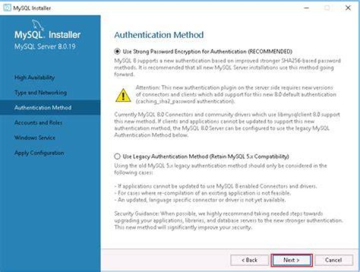 MySQL Installer - Authentication Method