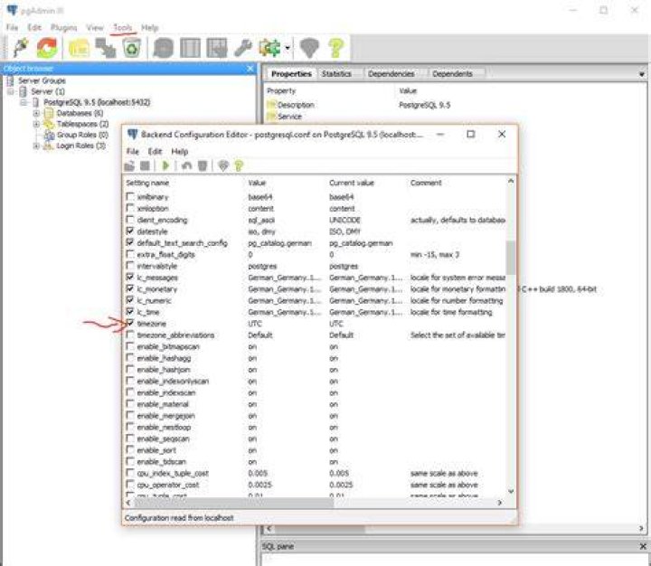 Postgres config in pgAdmin III
