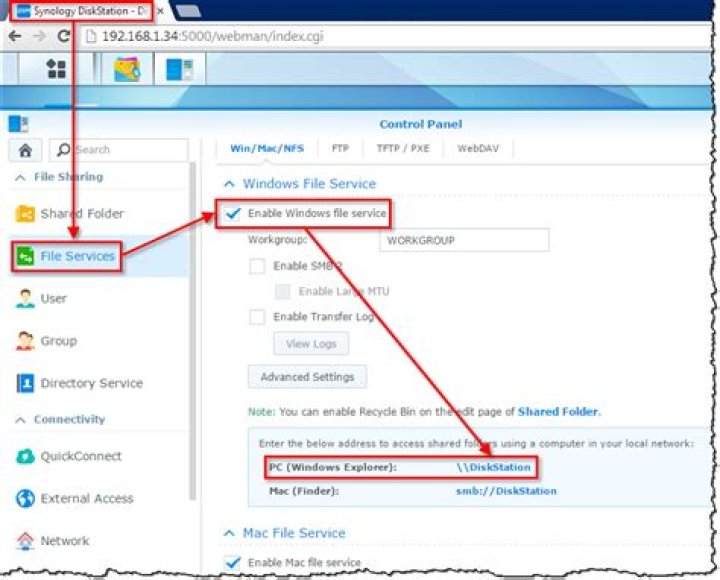 Synology DiskStation Manager File Services menu