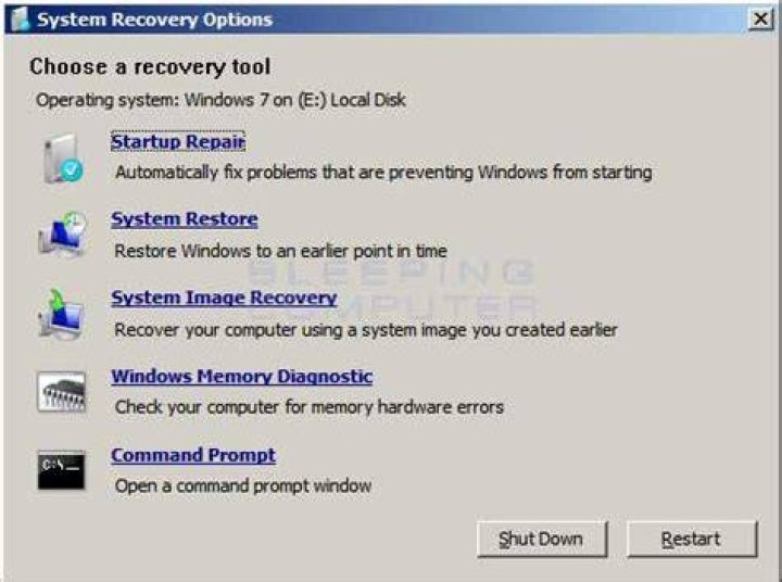 System Recovery Options dialog