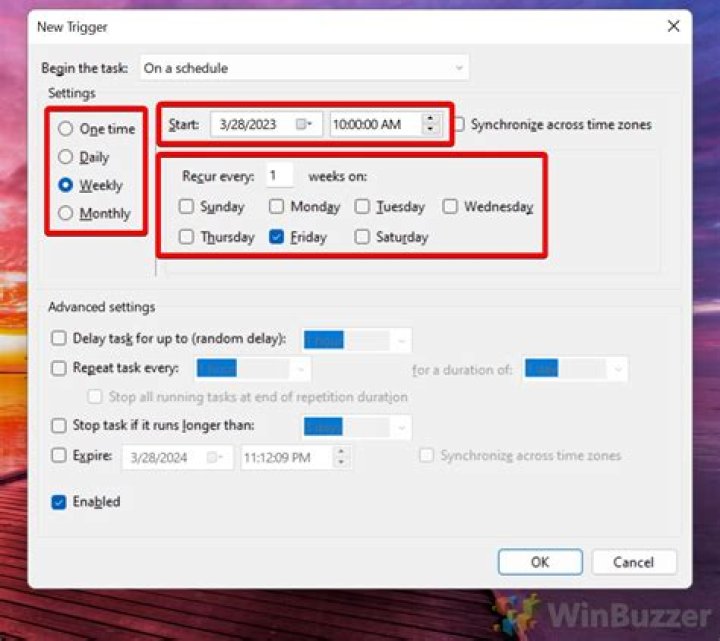Windows Task Schedule Trigger Settings